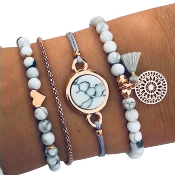 Unbranded Other - Bohemian Marble Beaded Bracelet Set with Tassel White Adjustable